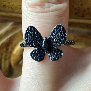 Natural Black Spinel Sterling Silver Butterfly Ring Size 7